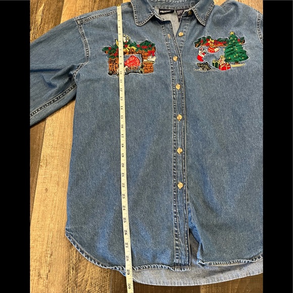 Vintage Christmas Embroidered Denim Button Down Shirt/Blouse L/XL - Picture 7 of 10